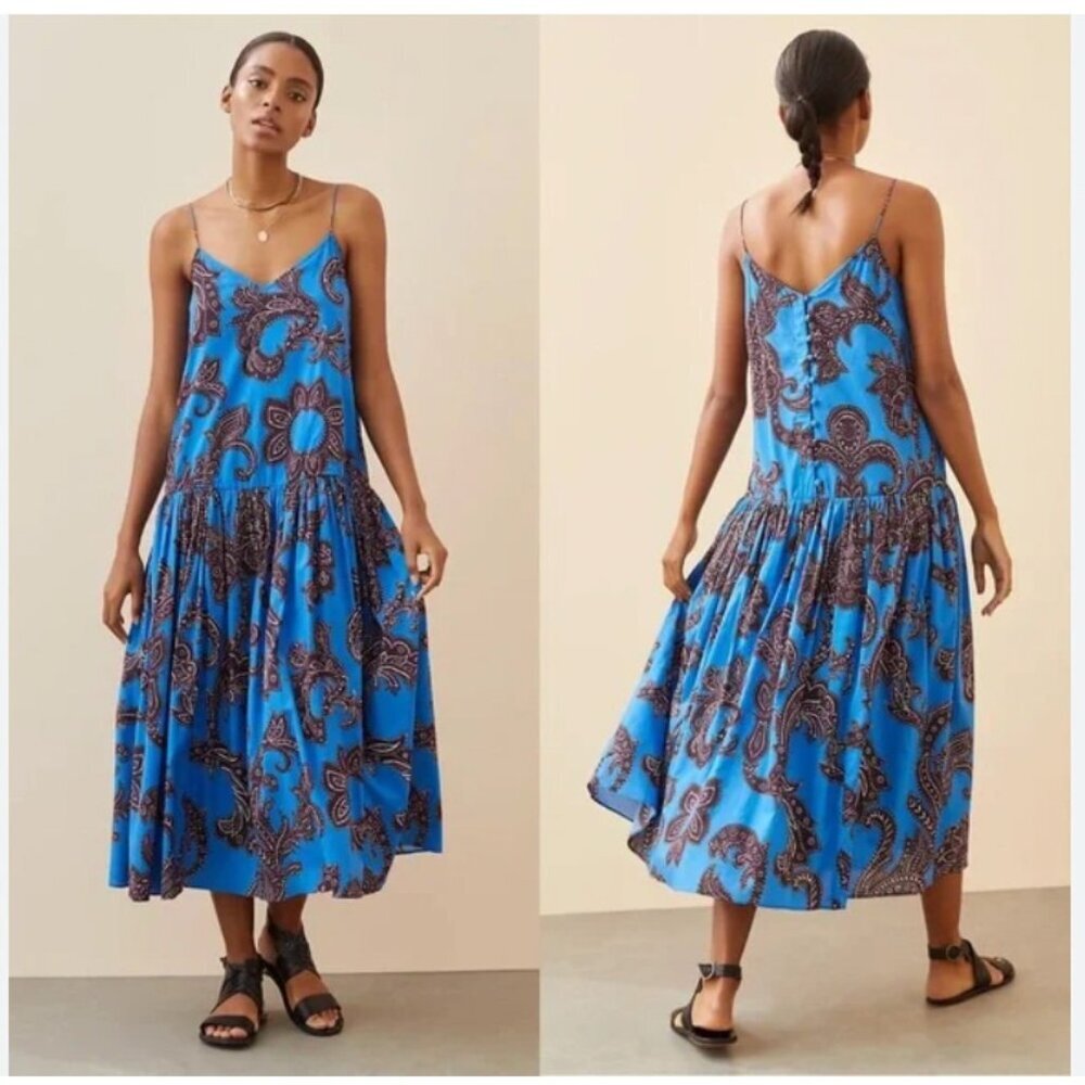 Anthropologie Atsu Flounced Paisley Dress Womens Small Blue Midi Boho